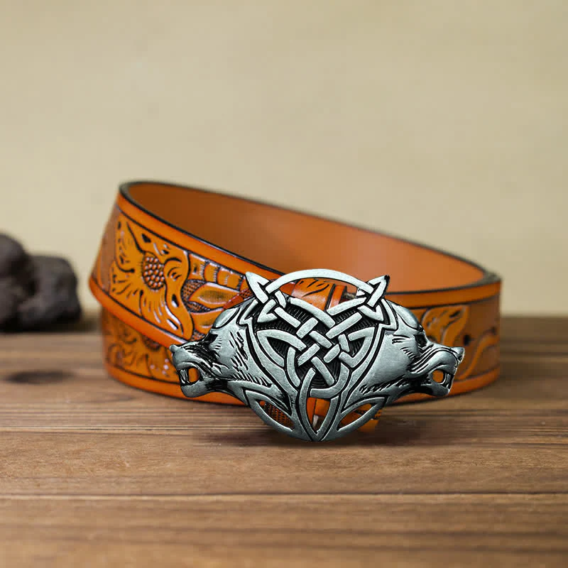 Men's DIY Wolf Head Celtic Knot Buckle Leather Belt - Image 10