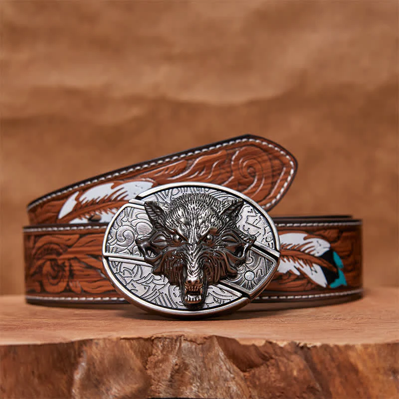 Men's DIY Wolf Head Hidden Folding Knife Leather Belt - Image 10