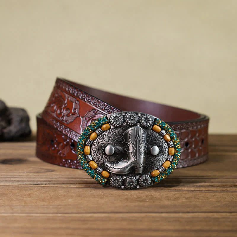 Men's DIY Wood Bead Rhinestone Boot Buckle Leather Belt - Image 11