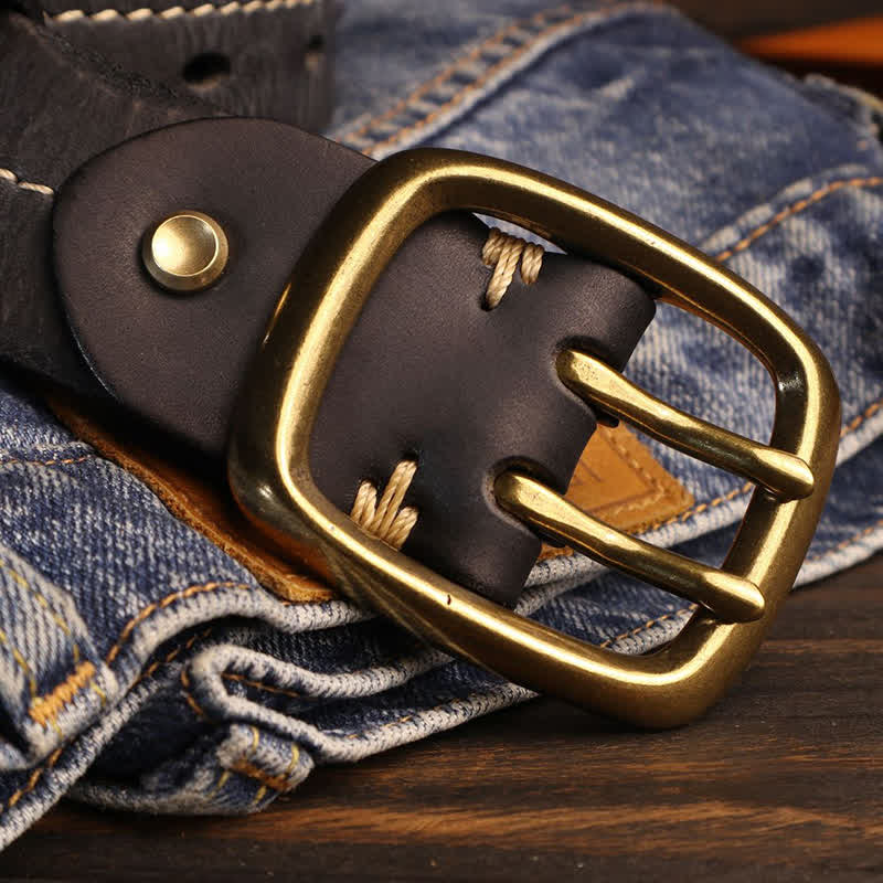 Men's Double Holes Brass Buckle Leather Belt - Image 12