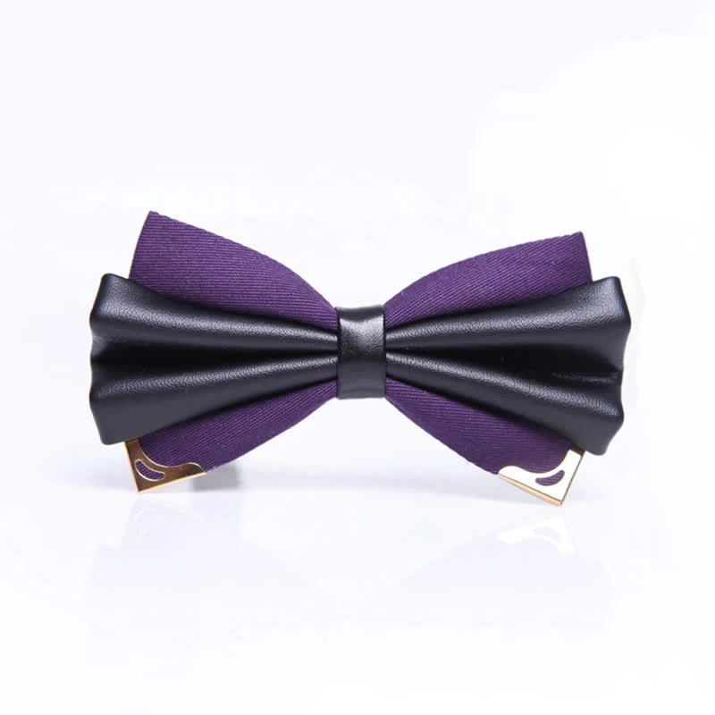 Men's Double Layer Faux Leather Golden Tipped Bow Tie - Image 13