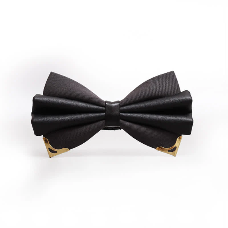 Men's Double Layer Faux Leather Golden Tipped Bow Tie - Image 21