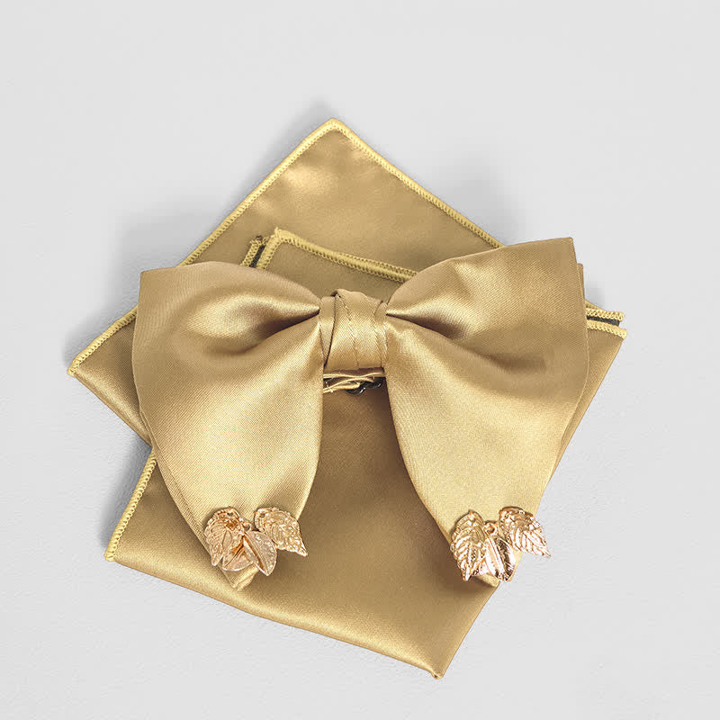 Men's Double-Layers Leaves Oversized Bow Tie Pocket Square - Image 26