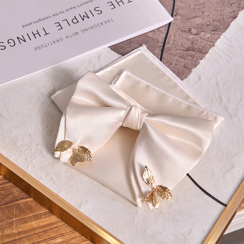 Men's Double-Layers Leaves Oversized Bow Tie Pocket Square - Image 5