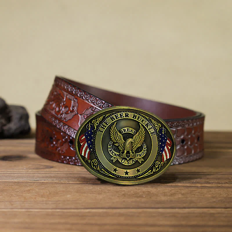 Men's DIY Eagle USA Flag Creative Beer Holder Buckle Leather Belt - Image 26