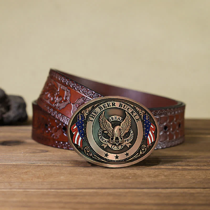 Men's DIY Eagle USA Flag Creative Beer Holder Buckle Leather Belt - Image 27