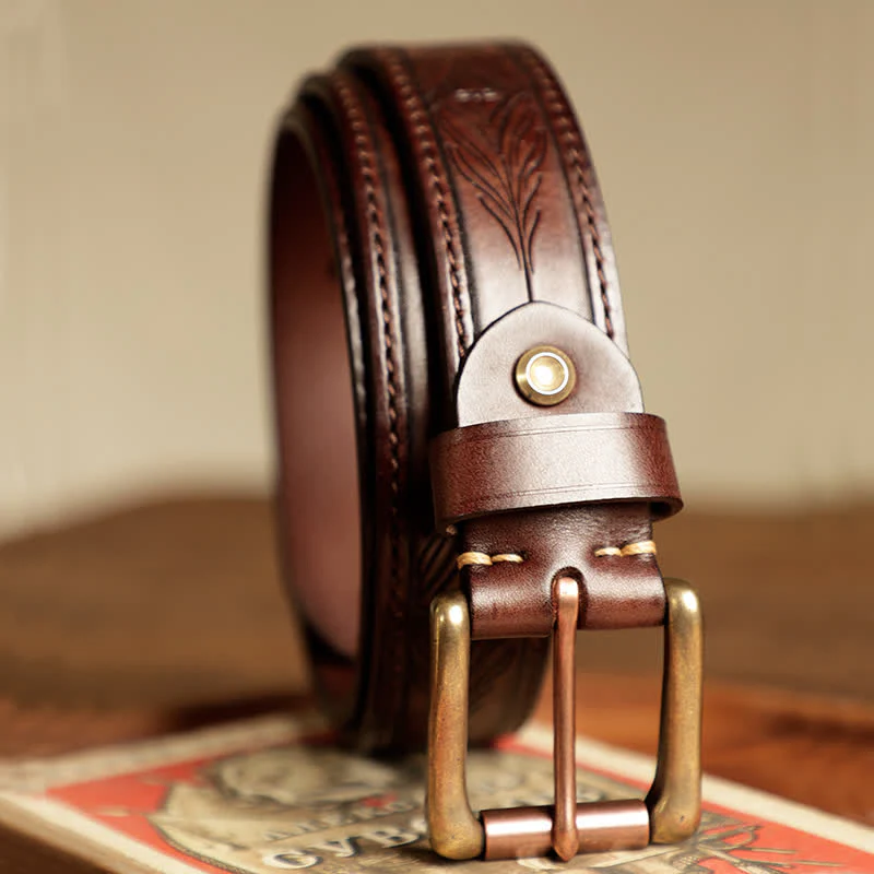 Men's Embossed Flower Leaves Engraved Leather Belt - Image 3