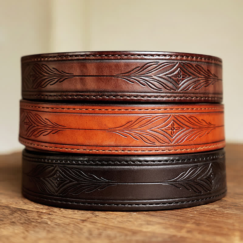 Men's Embossed Flower Leaves Engraved Leather Belt - Image 8