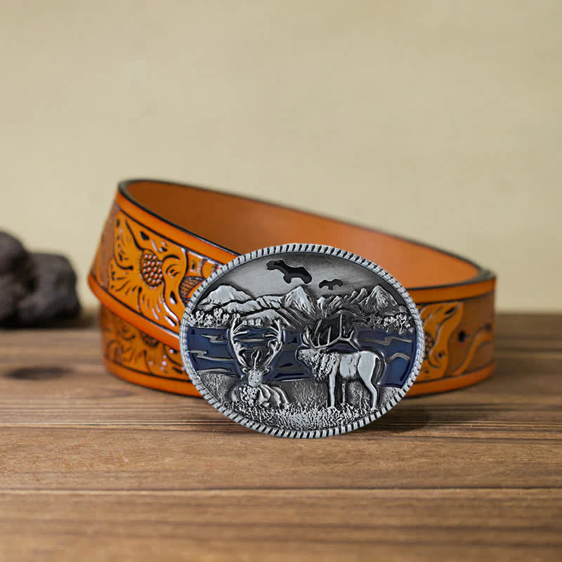 Men's DIY Enamel Wild Life Deer Buckle Leather Belt - Image 15