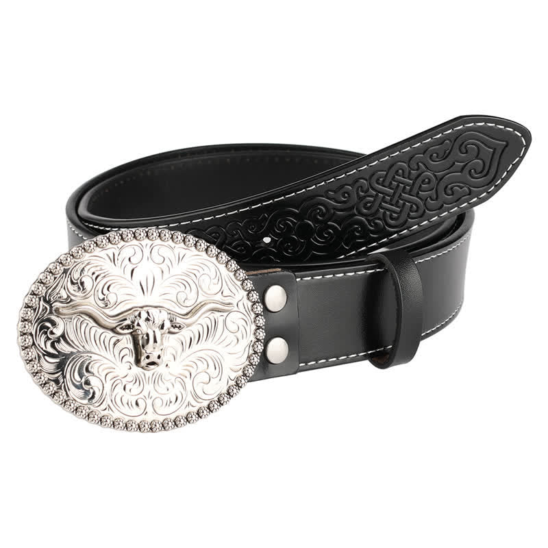 Men's Engarved Feather Bull Jeans Leather Belt - Image 16