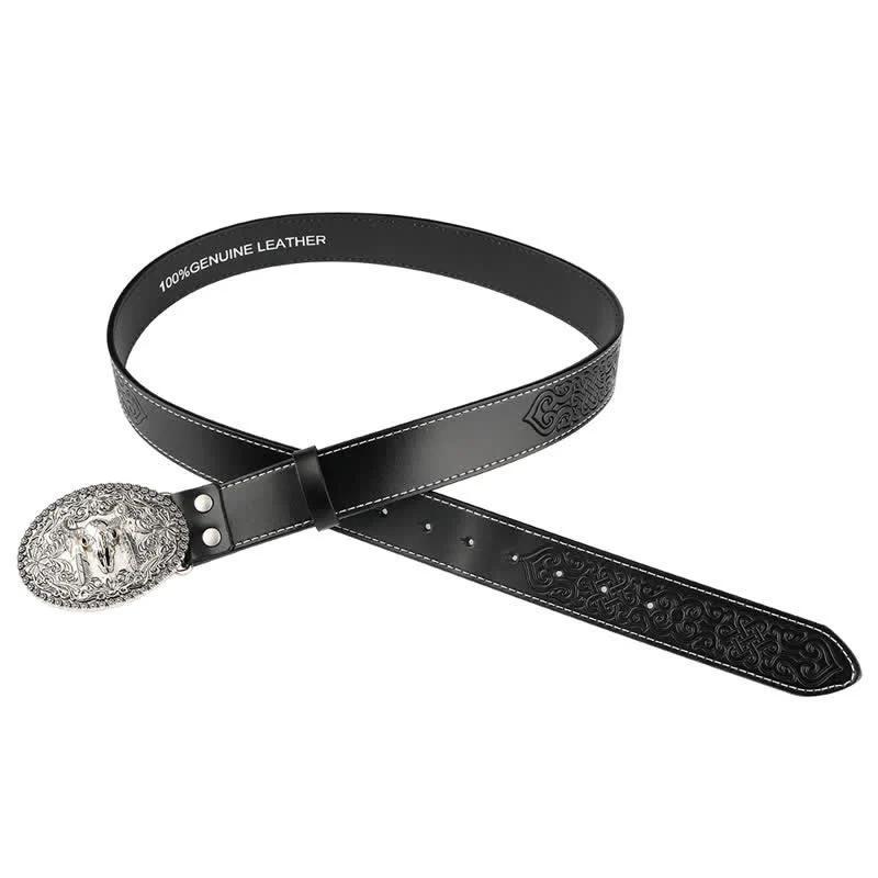 Men's Engarved Feather Bull Jeans Leather Belt - Image 6