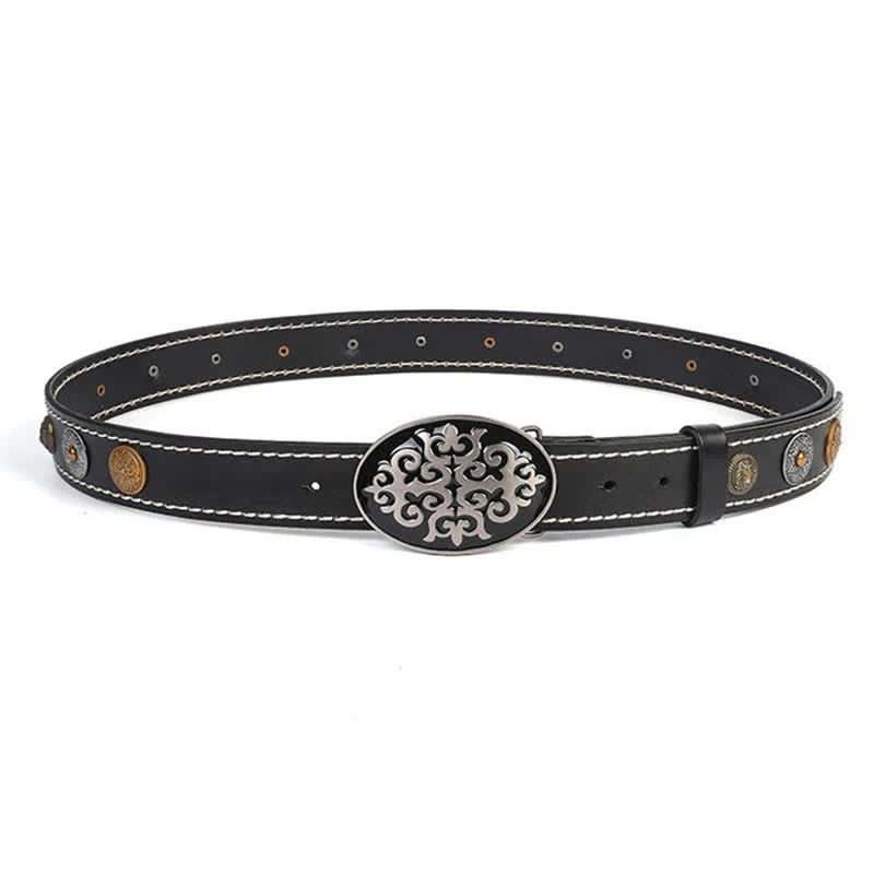 Men's Ethnic Carved Flower & Lion Head Rivet Leather Belt - Image 5