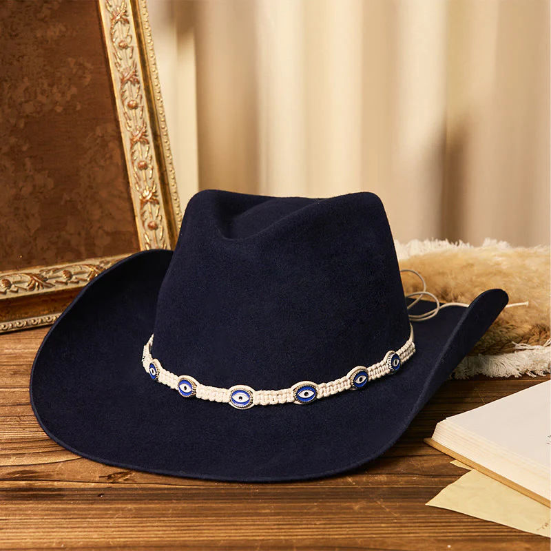 Men's Evil Eye White Knitted Brim Belt Cowboy Hat - Image 4