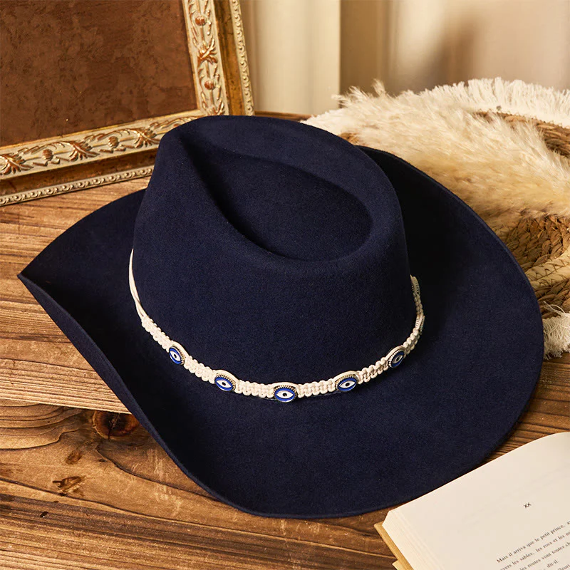 Men's Evil Eye White Knitted Brim Belt Cowboy Hat - Image 5