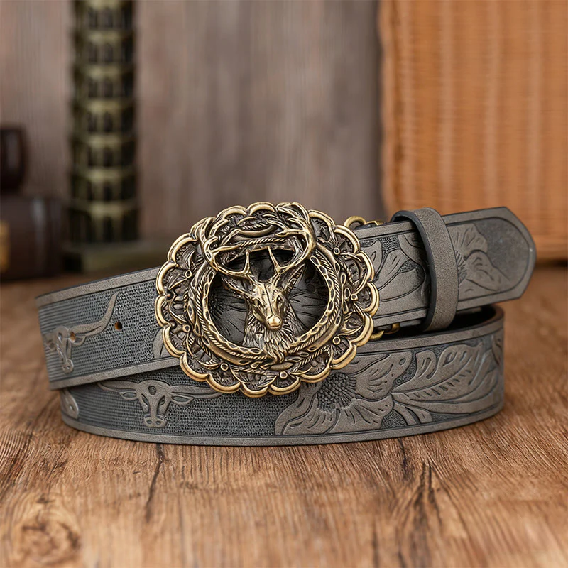 Men's Exquisite Deer Head Buckle Embossed Belt - Image 7