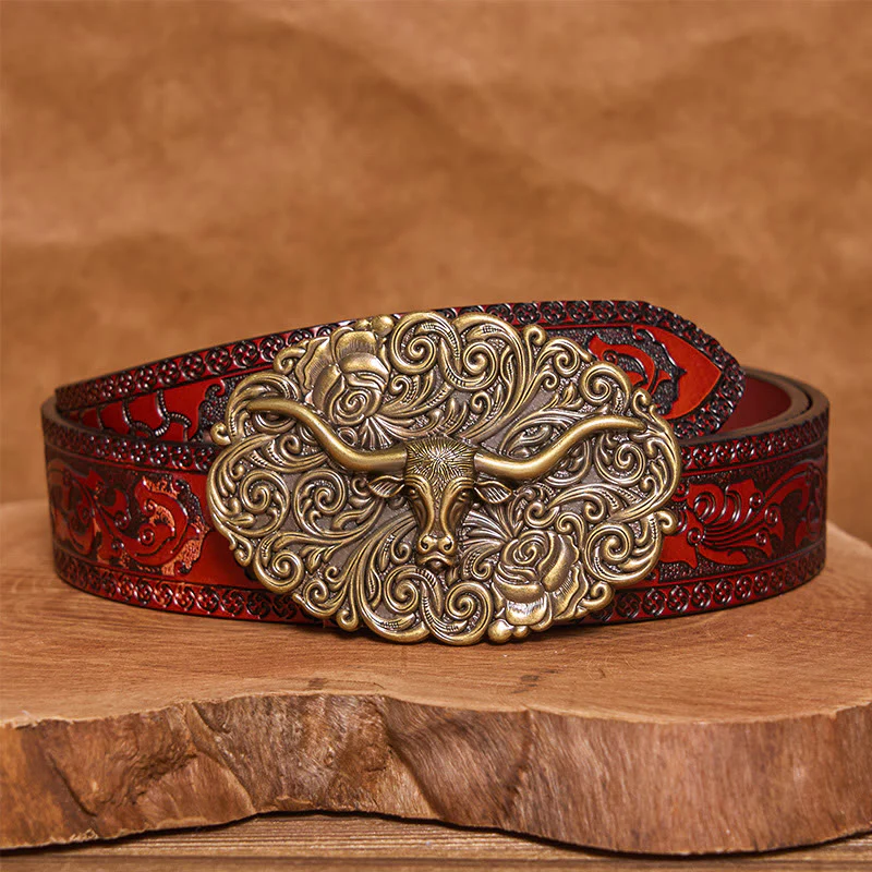 Men's Exquisite Floral Carved Bull Head Buckle Leather Belt - Image 15