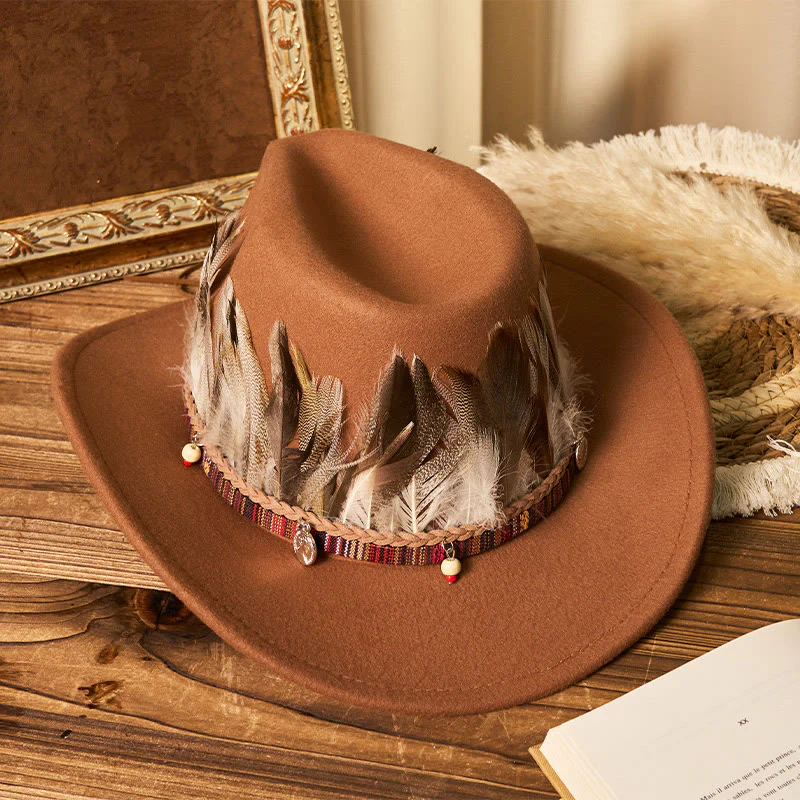 Men's Feather Woven Brim Belt Cowboy Hat - Image 2