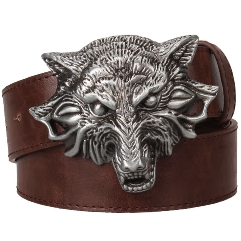 Men's Fierce Wolf Head Engraving Animals Leather Belt - Image 4