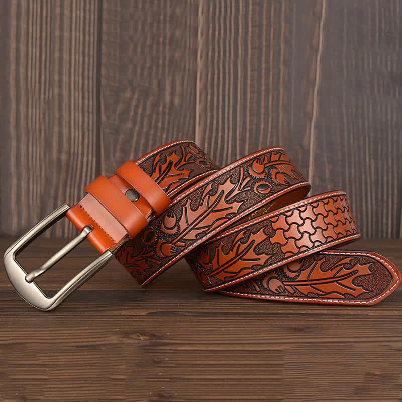 Men's Floral Embossed Pattern Leather Belt - Image 4