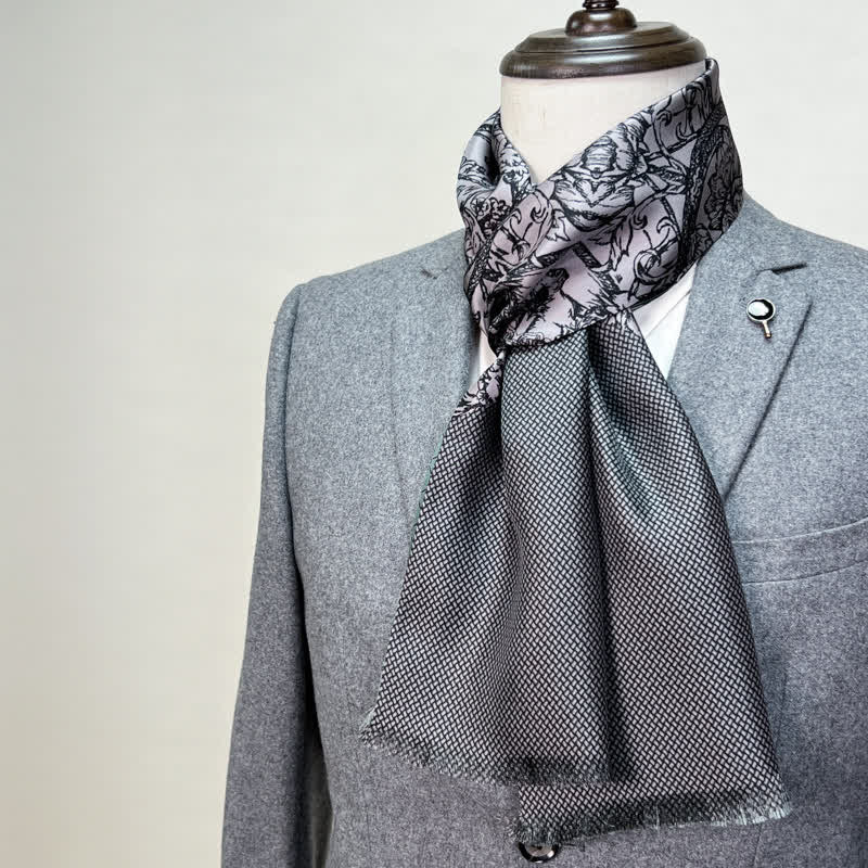 Men's Floral & Grid Double Sided Pattern Thin Long Pure Silk Scarf - Image 4