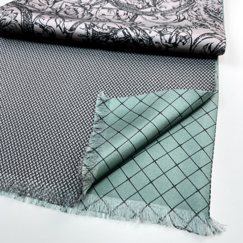 Men's Floral & Grid Double Sided Pattern Thin Long Pure Silk Scarf - Image 6