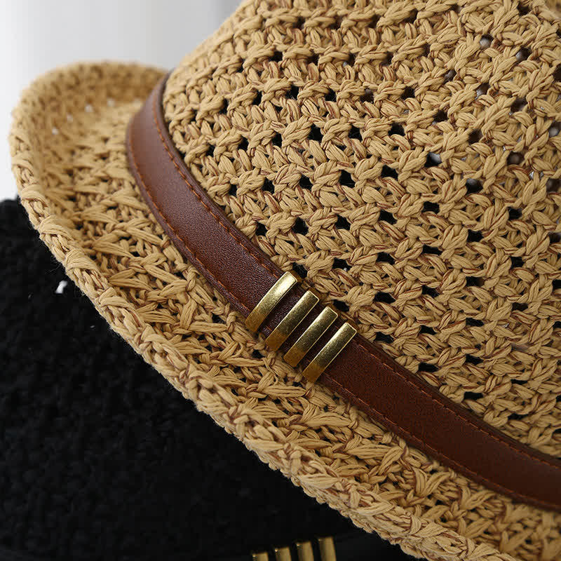 Men's Foldable Leather Strap Hollow Summer Straw Fedora Hat - Image 3