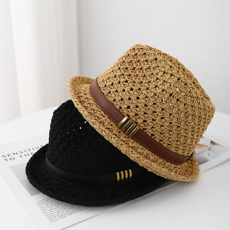 Men's Foldable Leather Strap Hollow Summer Straw Fedora Hat - Image 6