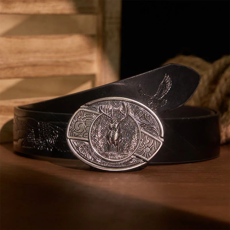 Men's DIY Forest Deer Hidden Folding Knife Leather Belt - Image 8