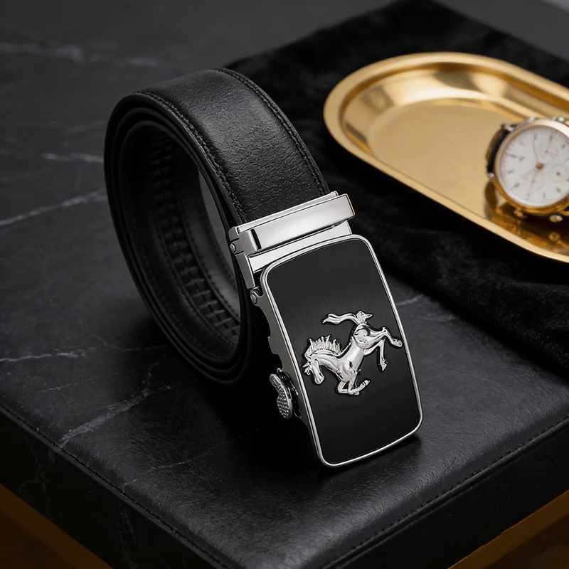 Men's Galloping Horse Emblem Automatic Buckle Leather Belt