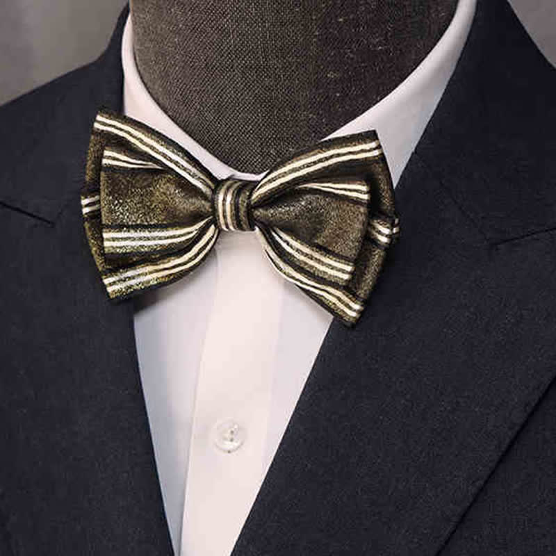 Men's Glossy Triple Layered Classic Striped Bow Tie - Image 5