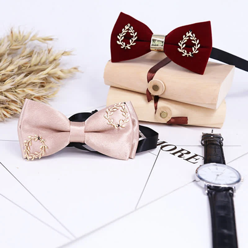 Men's Gold Applique Metal Leaf Decoration Bow Tie - Image 11