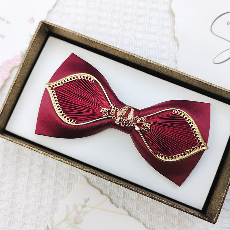 Men's Gold Bird Leaves Floral Pattern Wedding Bow Tie - Image 2