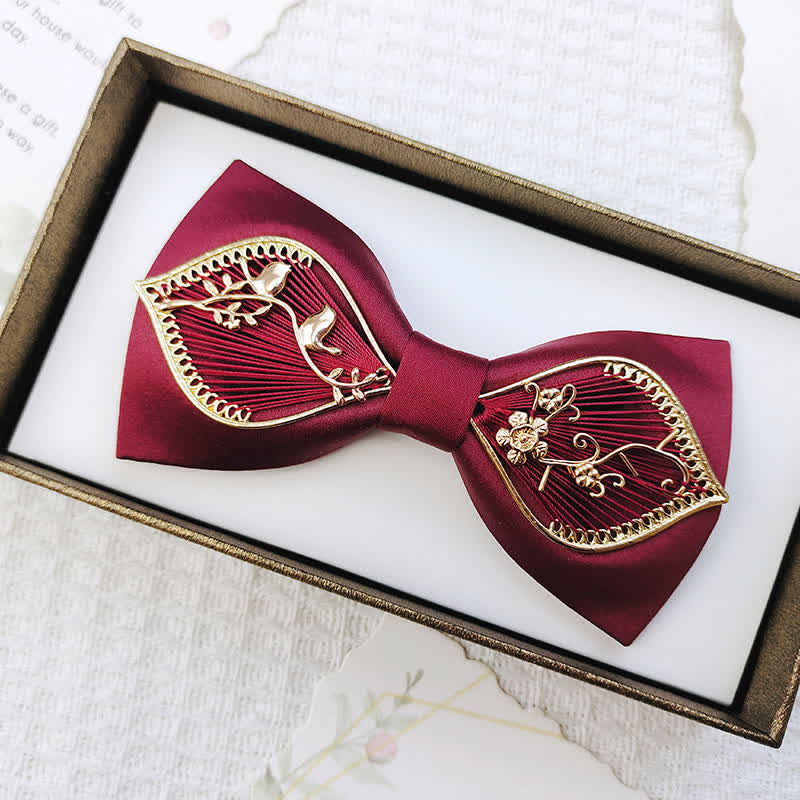 Men's Gold Bird Leaves Floral Pattern Wedding Bow Tie - Image 4