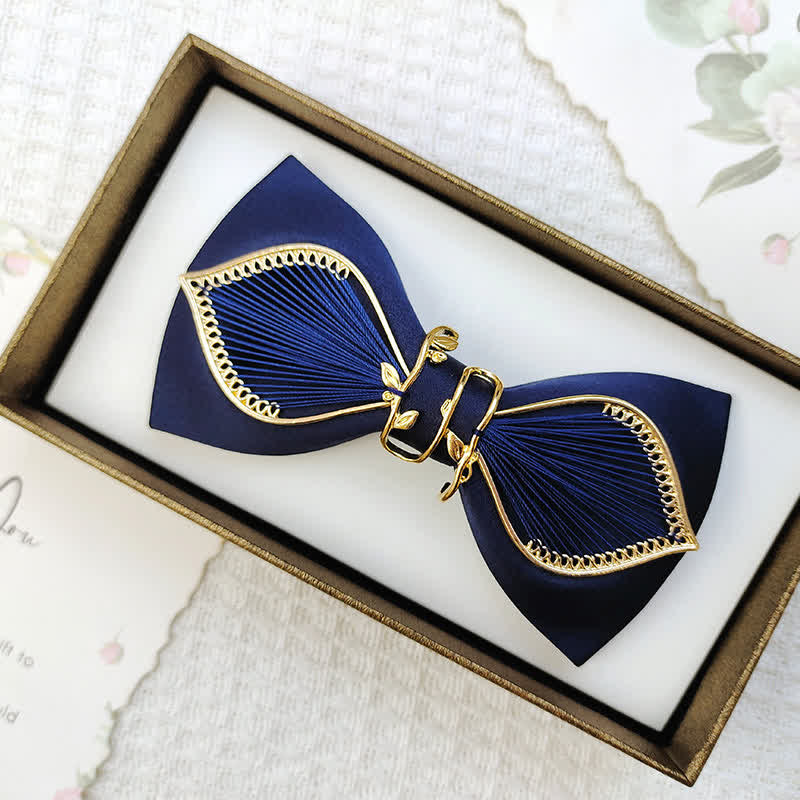 Men's Gold Bird Leaves Floral Pattern Wedding Bow Tie - Image 7