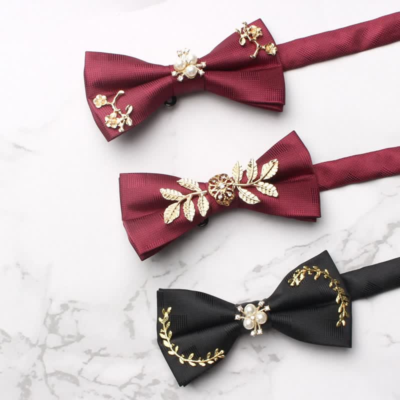 Men's Gold Leaves Pearl Floral Bow Tie - Image 3