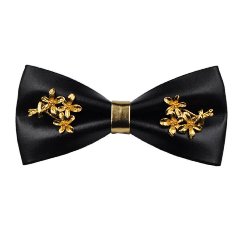 Men's Gold Metal Flower Accent Black PU Leather Bow Tie - Image 13