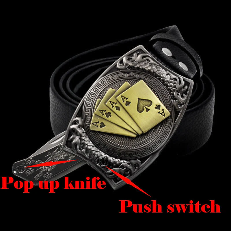Men's Gold Poker Leather Belt With Folding Knife - Image 4