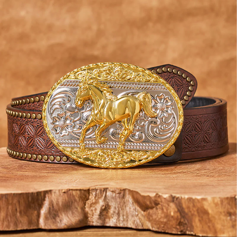 Men's Gold & Silver Galloping Horse Oval Buckle Leather Belt - Image 5