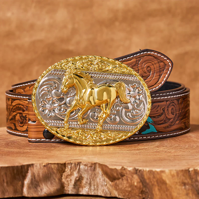 Men's Gold & Silver Galloping Horse Oval Buckle Leather Belt - Image 8