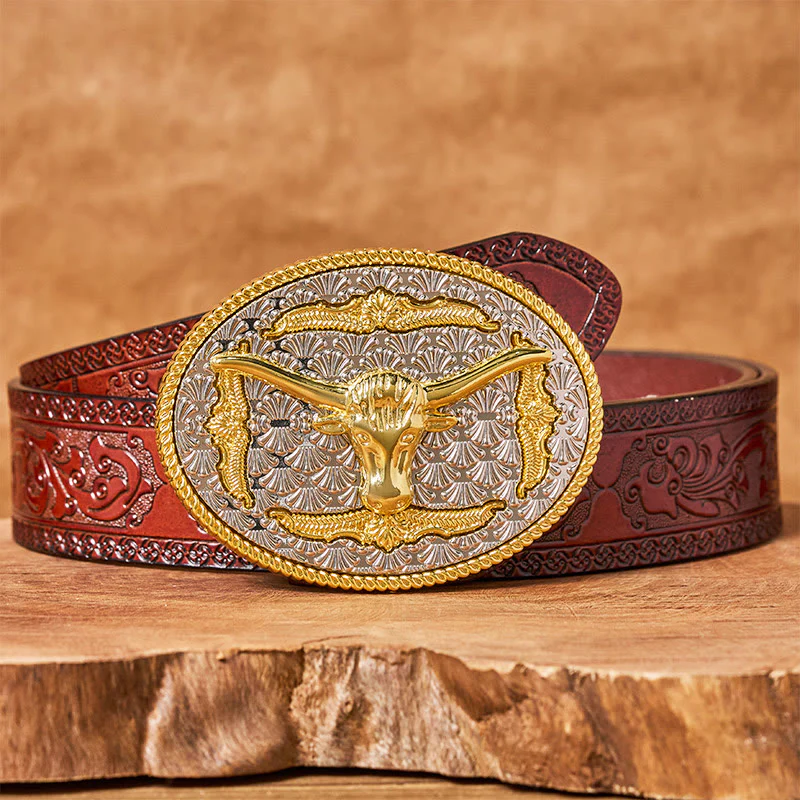 Men's Gold & Silver Longhorn Bullhead Oval Buckle Leather Belt - Image 7