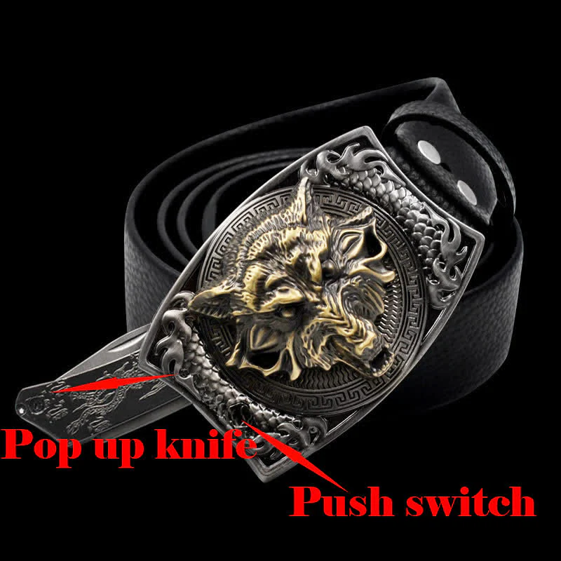 Men's Gold Wolf Head Leather Belt With Folding Knife - Image 2