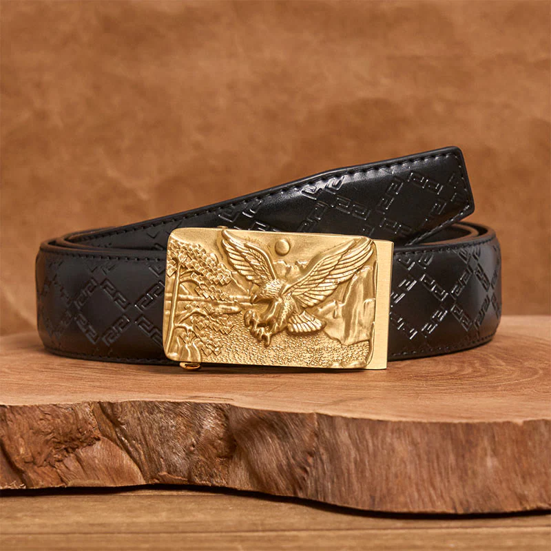 Men's Golden Eagle Carved Metal Automatic Buckle Leather Belt - Image 4