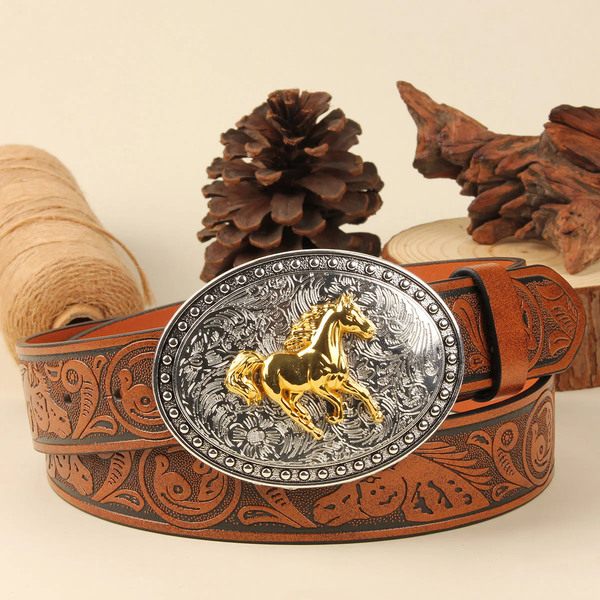 Men's Golden Horse Silver Oval Buckle Embossed Leather Belt - Image 5