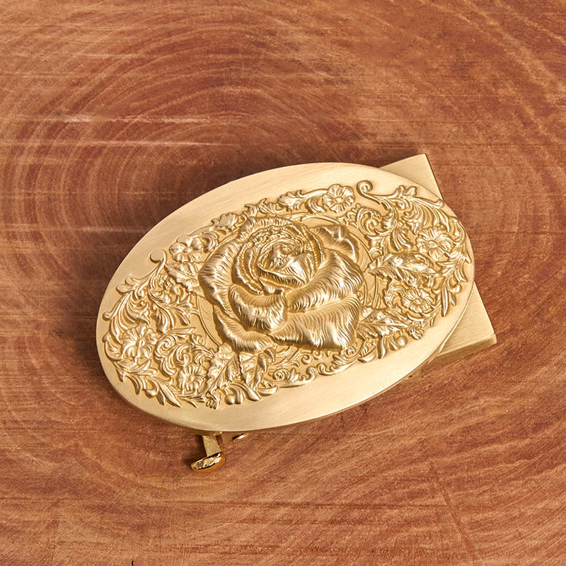 Men's Golden Rose Oval Metal Automatic Buckle Leather Belt - Image 2