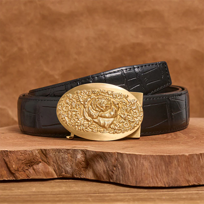 Men's Golden Rose Oval Metal Automatic Buckle Leather Belt - Image 3