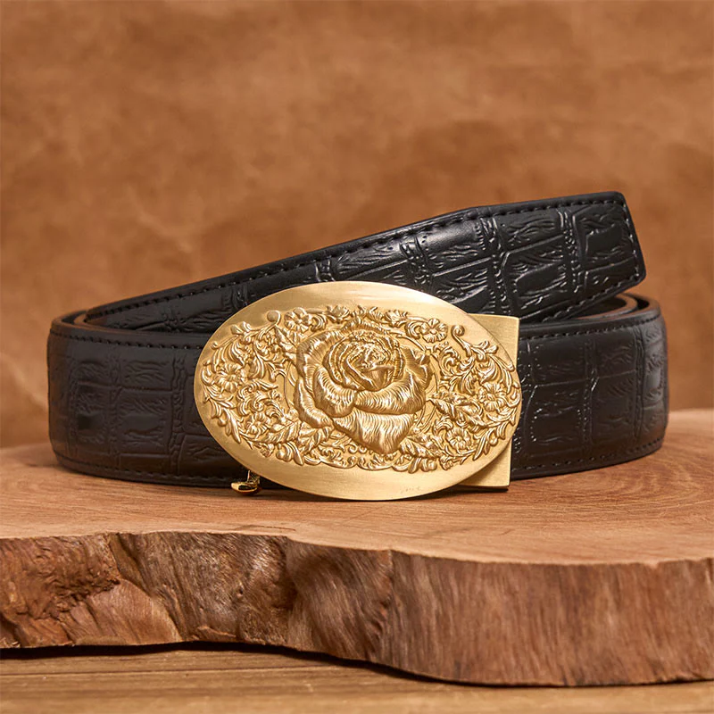 Men's Golden Rose Oval Metal Automatic Buckle Leather Belt - Image 5