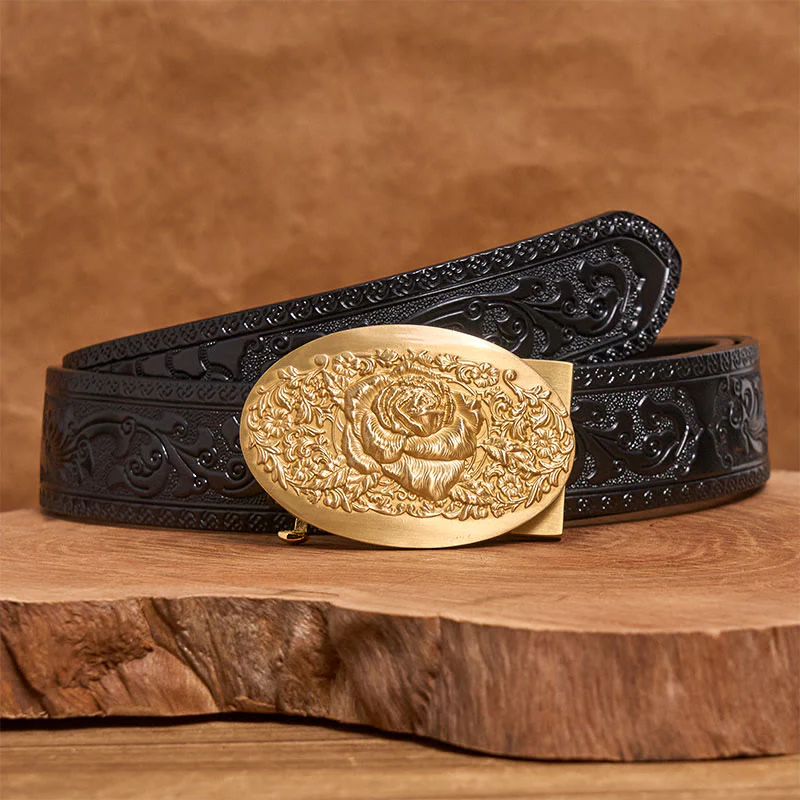 Men's Golden Rose Oval Metal Automatic Buckle Leather Belt - Image 6