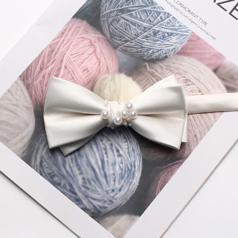 Men's Graceful Ivory White Pearls Flower Bow Tie - Image 3
