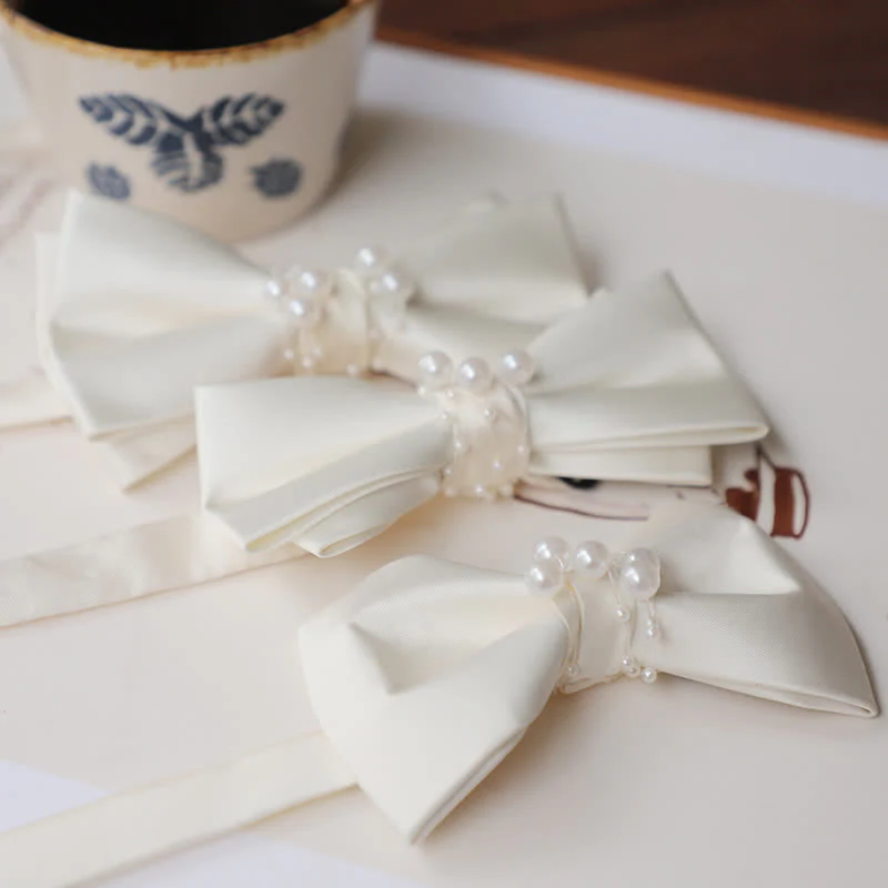 Men's Graceful Ivory White Pearls Flower Bow Tie - Image 4