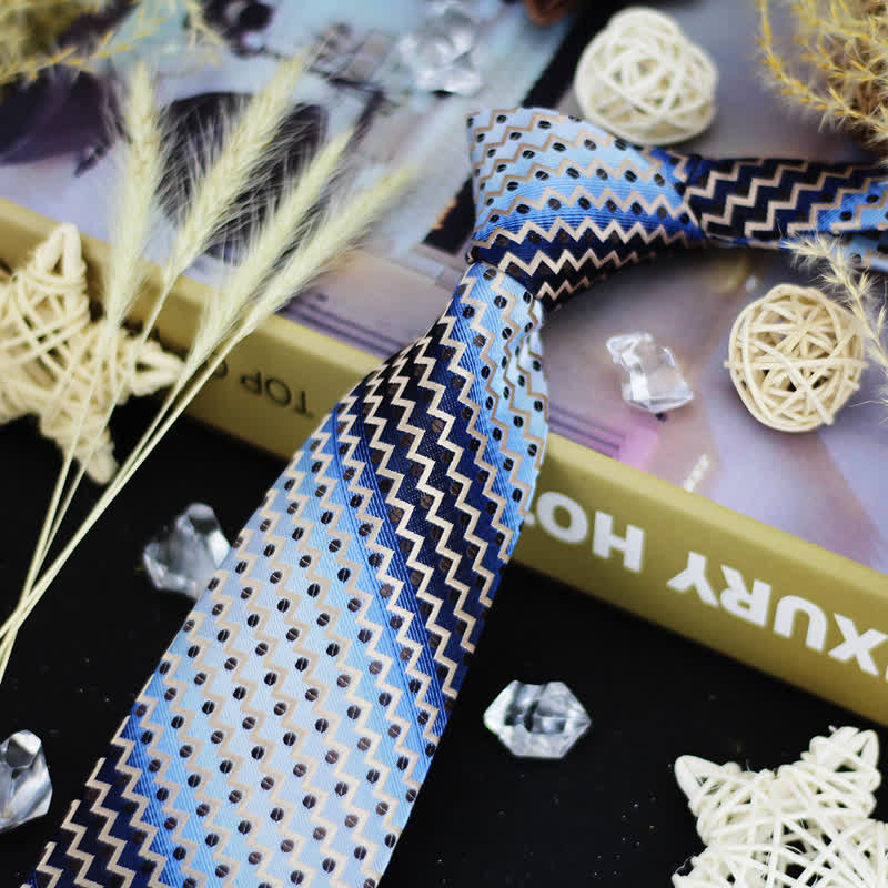 Men's Gradient Blue & Black Dots Zig-Zag Striped Necktie - Image 2